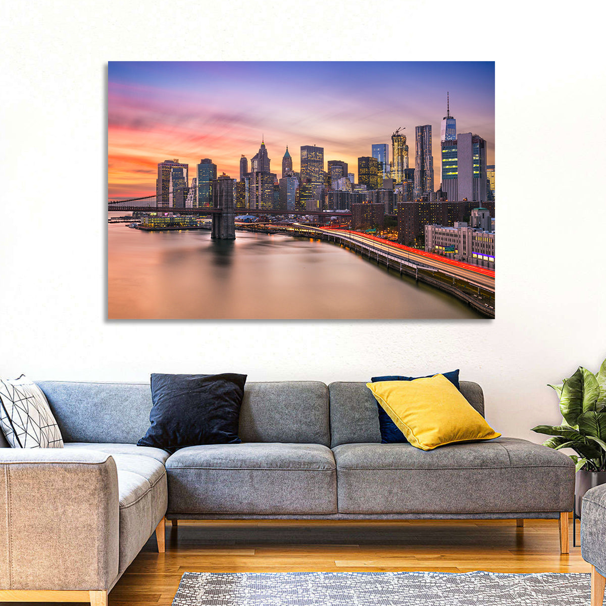Brooklyn Bridge Light Trails Over Lower Manhattan Wall Art in a room, landscape