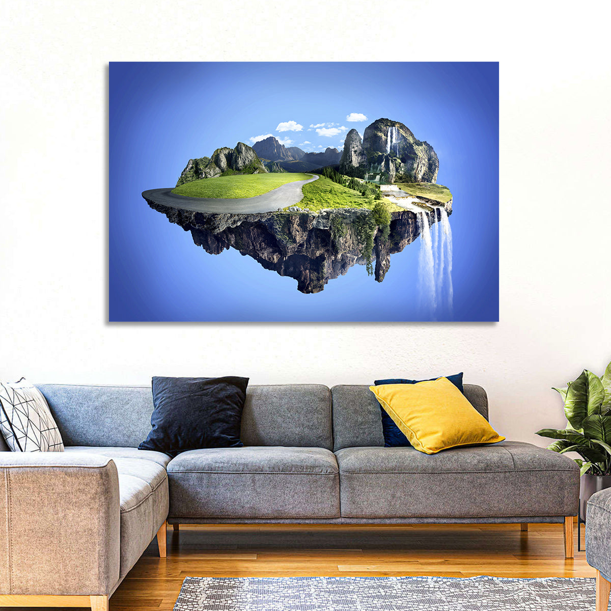 Surreal Floating Island with Waterfalls Wall Art in a room, landscape