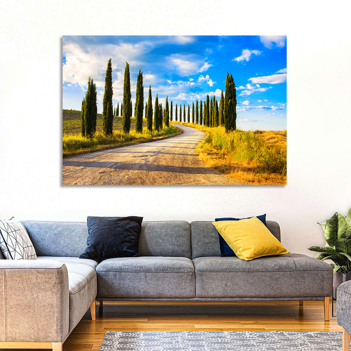 Sunlit Tuscany Cypress Road Wall Art in a room, landscape