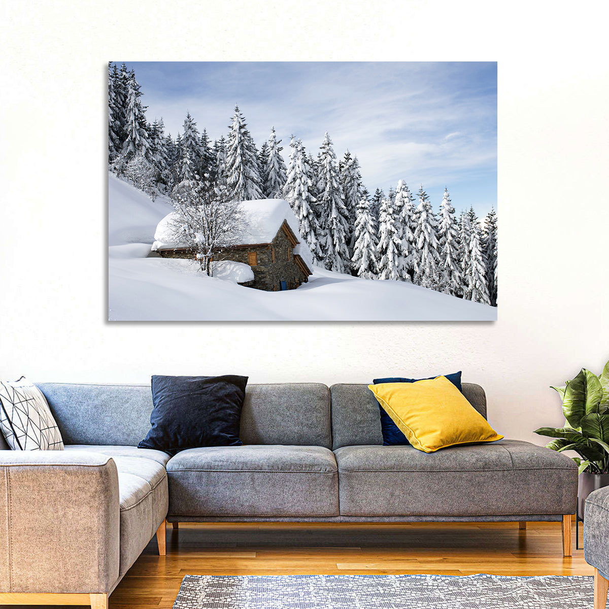 Snow Covered Alpine Cabin Wall Art in a room, landscape