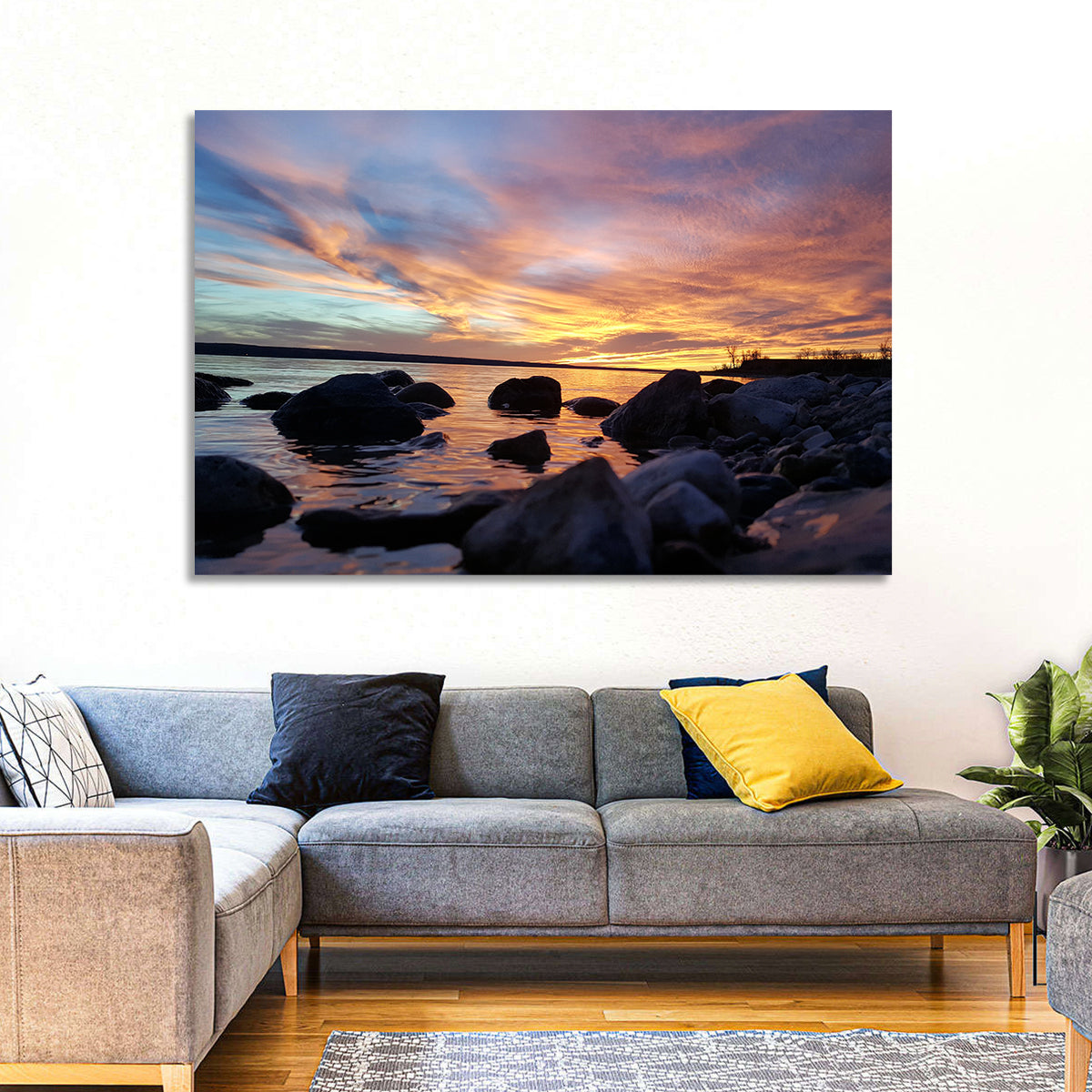 Lake Sakakawea Sunset Wall Art in a room, landscape