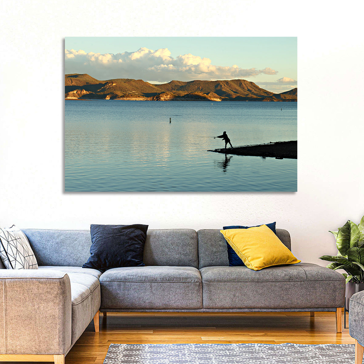 Lake Pleasant Fisherman Silhouette Wall Art in a room, landscape