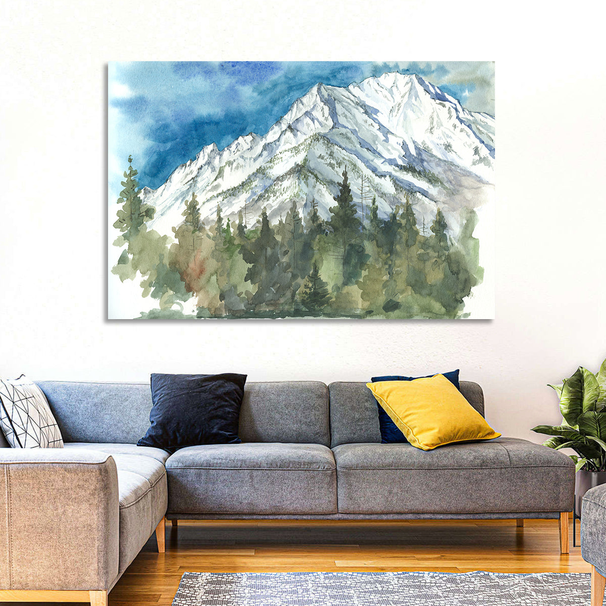 Snowy Mountain Watercolor Wall Art in a room, landscape