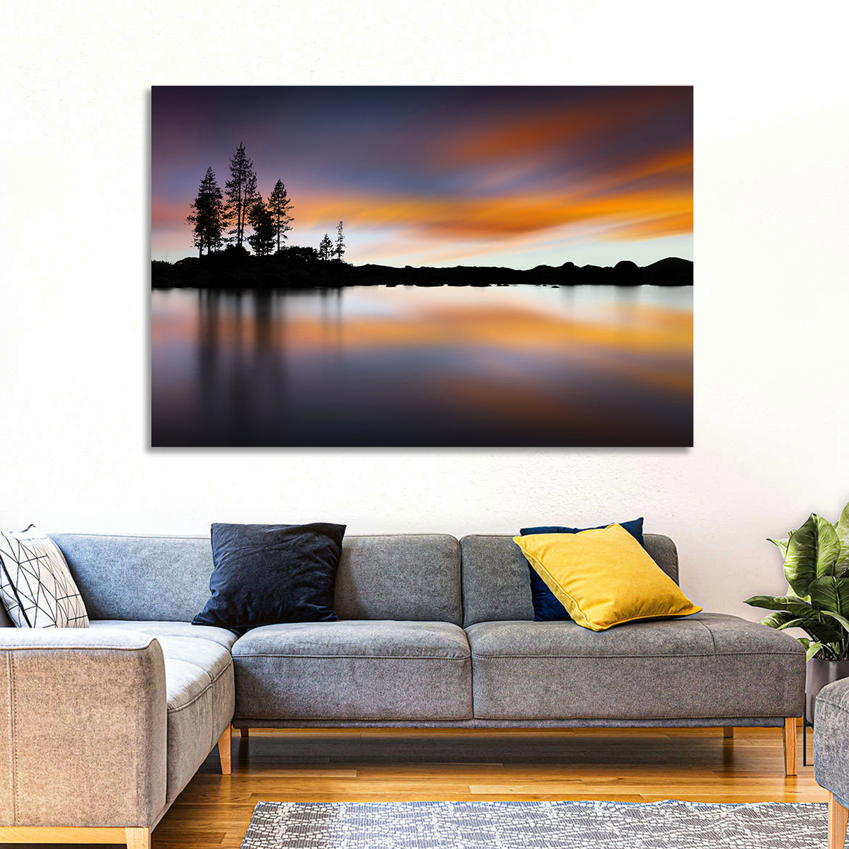 Lake Tahoe Golden Hour Reflection Wall Art in a room, landscape