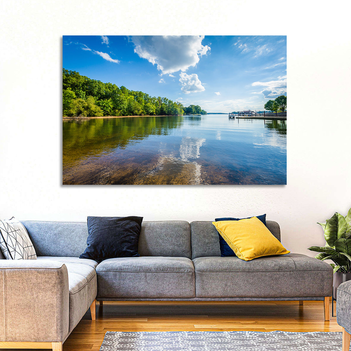 Lake Norman Dockside Reflection Wall Art in a room, landscape