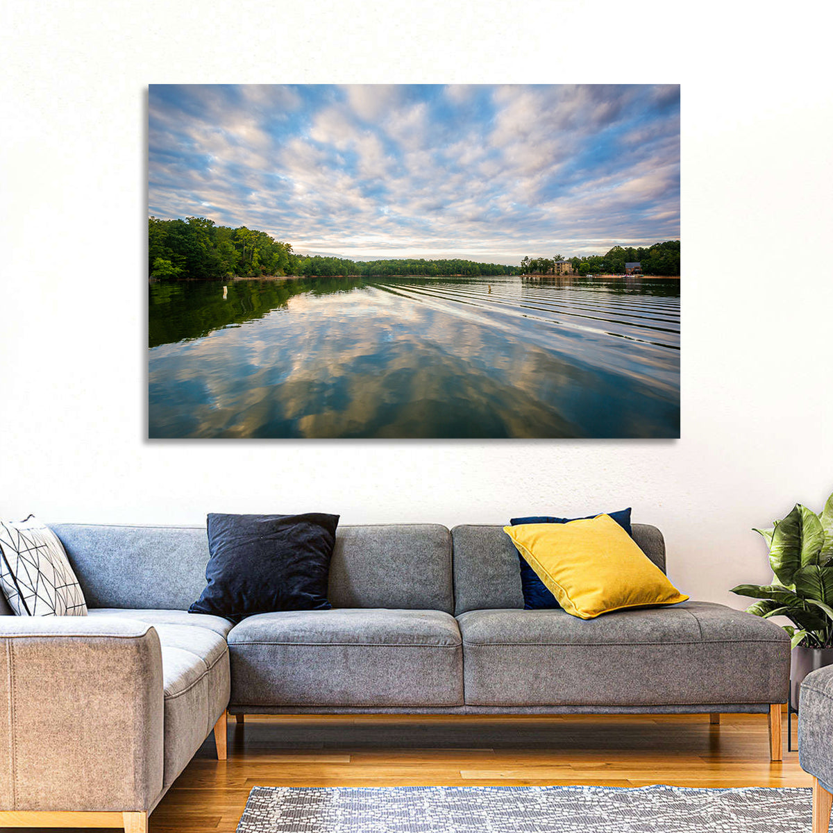 Cloudy Lake Norman Landscape Wall Art in a room, landscape