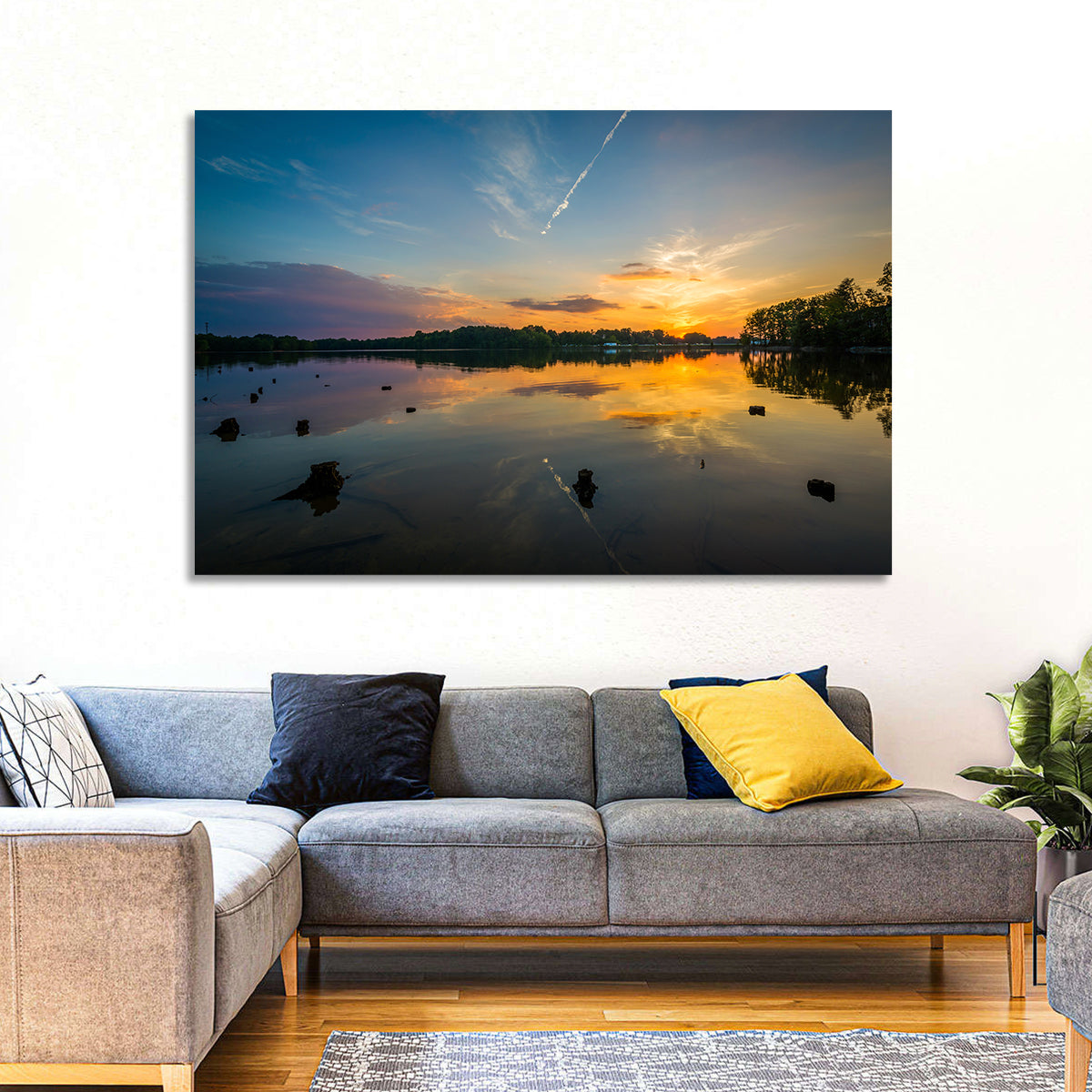 Lake Norman Sunset Reflection Wall Art in a room, landscape