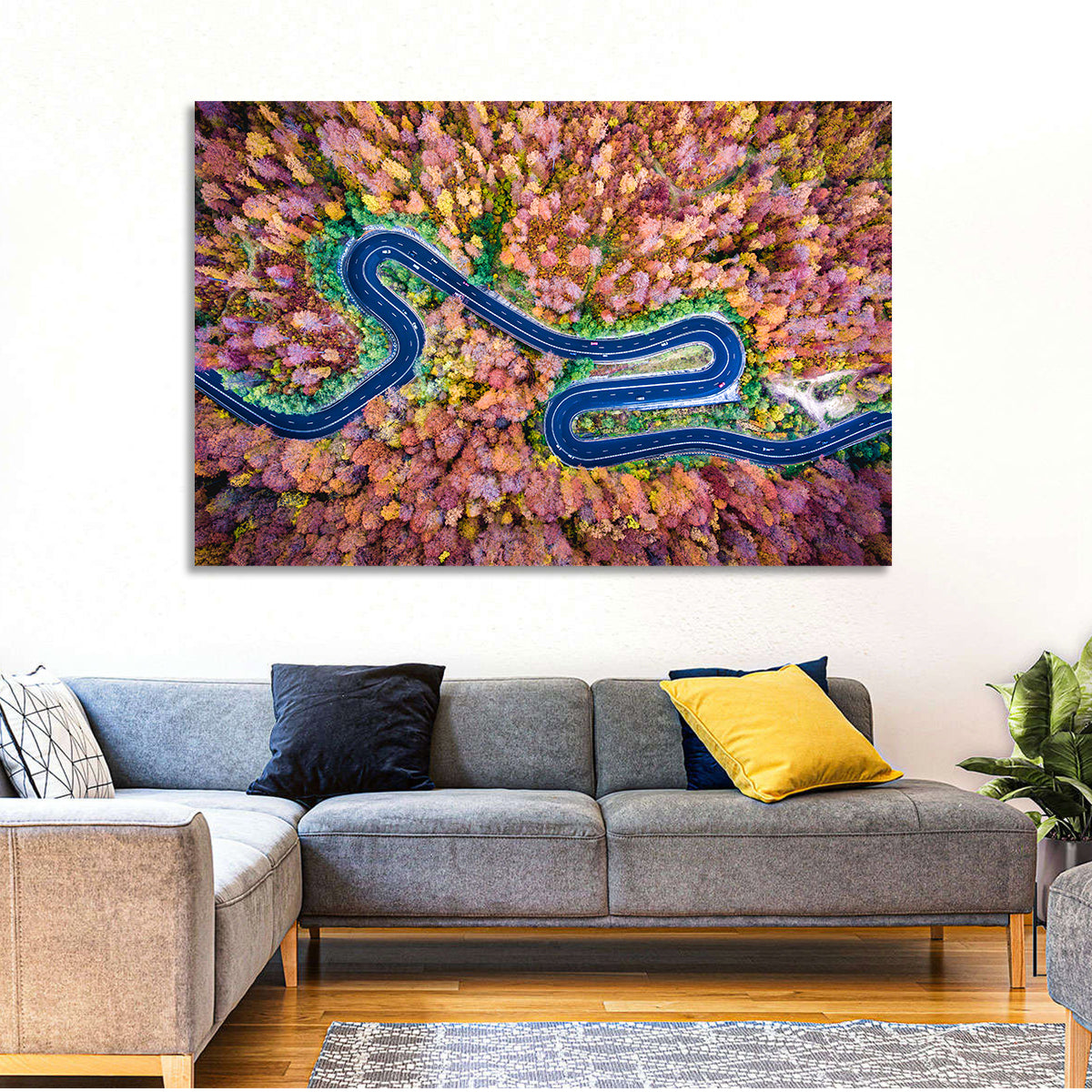Aerial Winding Road Wall Art in a room, landscape