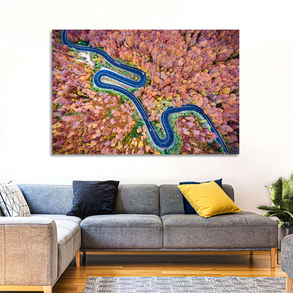 Serpentine Autumn Road Wall Art in a room, landscape