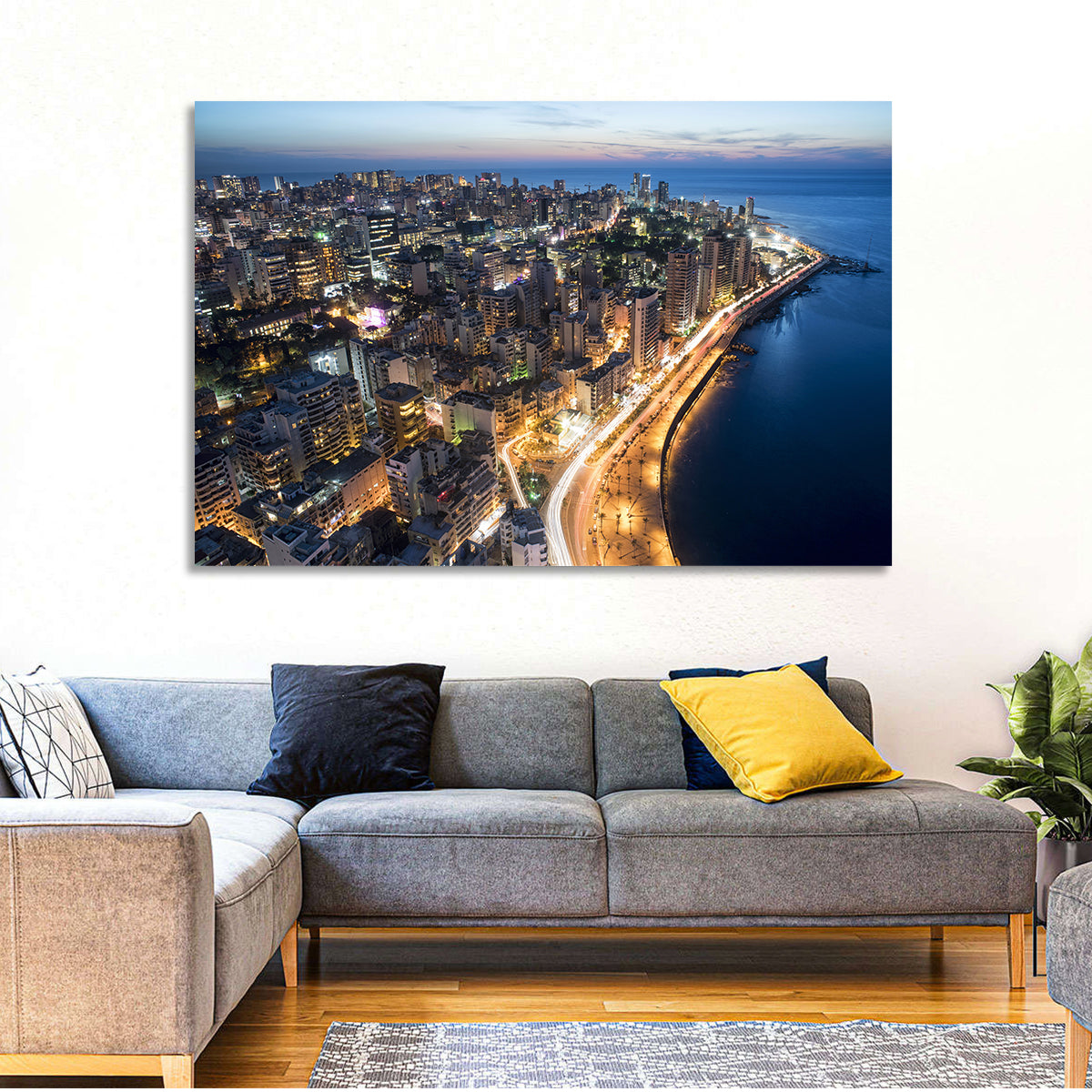 Beirut Corniche at Dusk Wall Art in a room, landscape