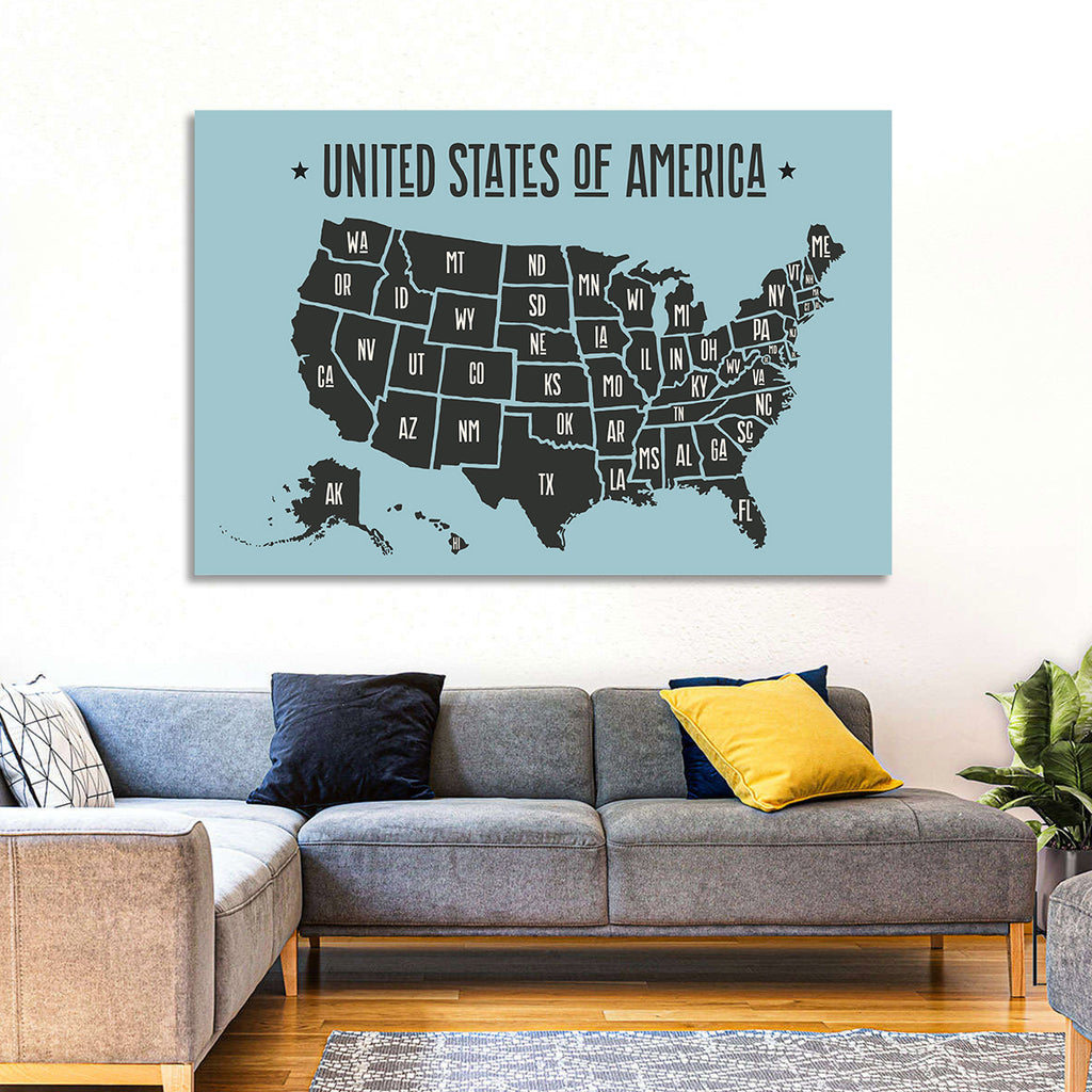 Minimalist USA Map with State Abbreviations Wall Art