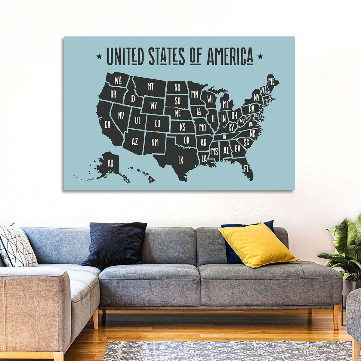 Minimalist USA Map with State Abbreviations Wall Art