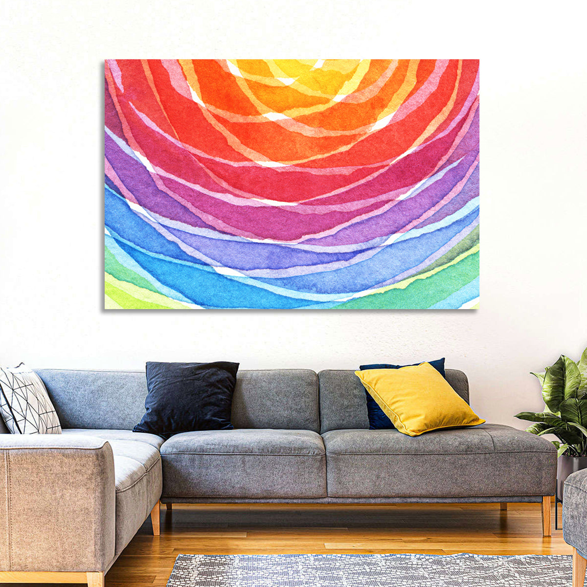 Radiant Rainbow Watercolor Arcs Wall Art in a room, landscape