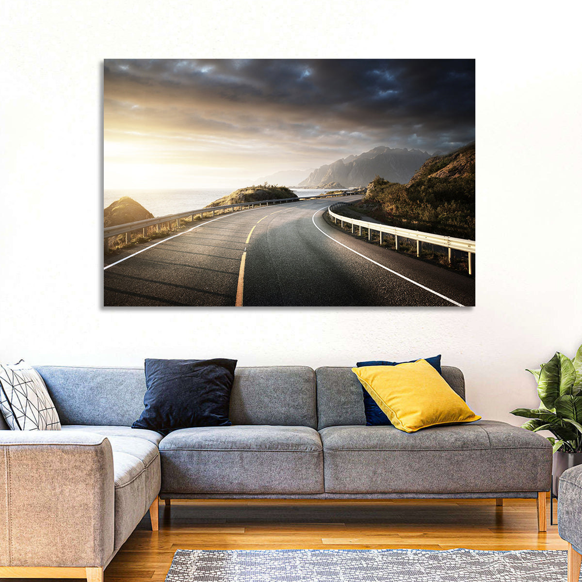 Golden Sunrise Coastal Road Wall Art in a room, landscape