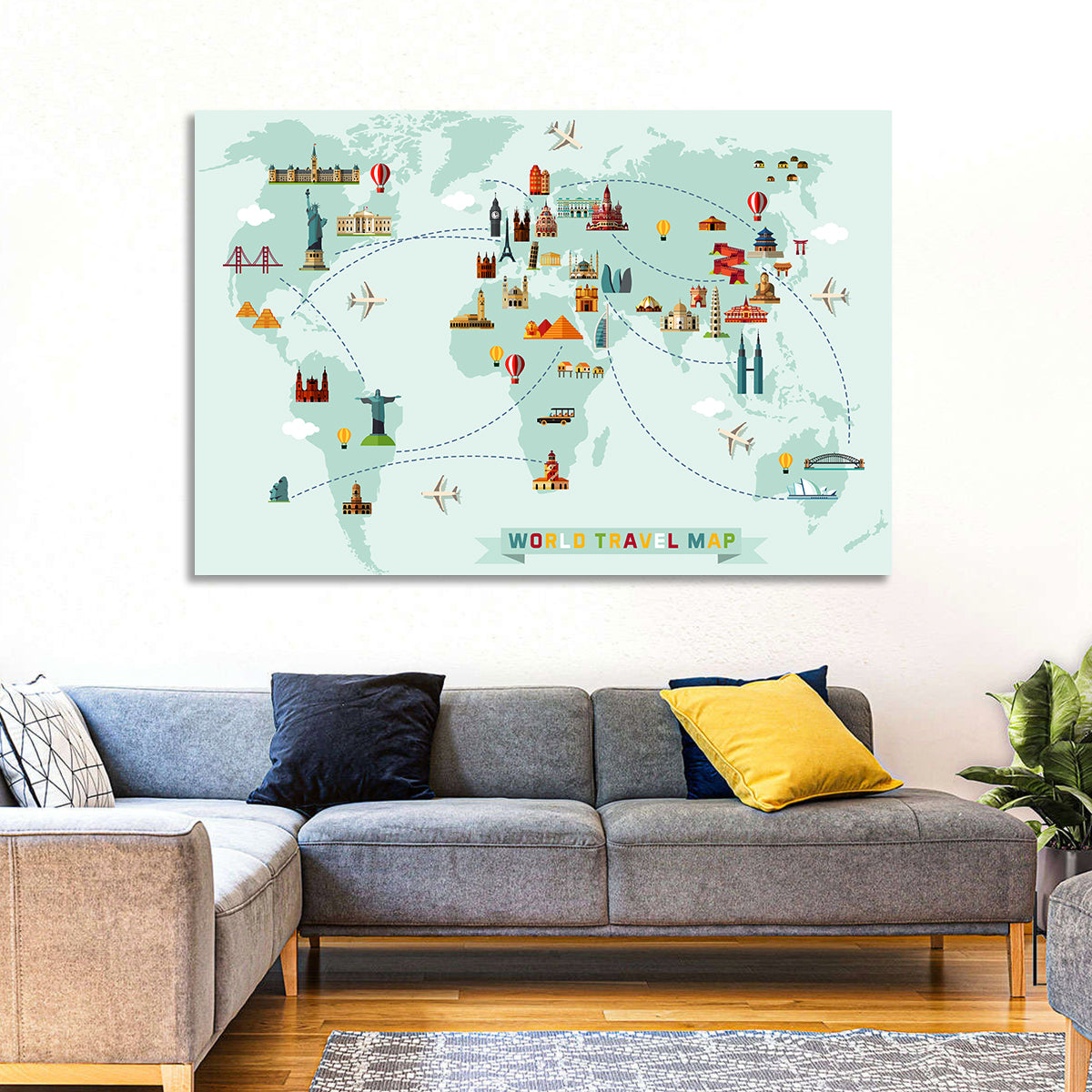 World Travel Map Illustration Wall Art in a room, landscape