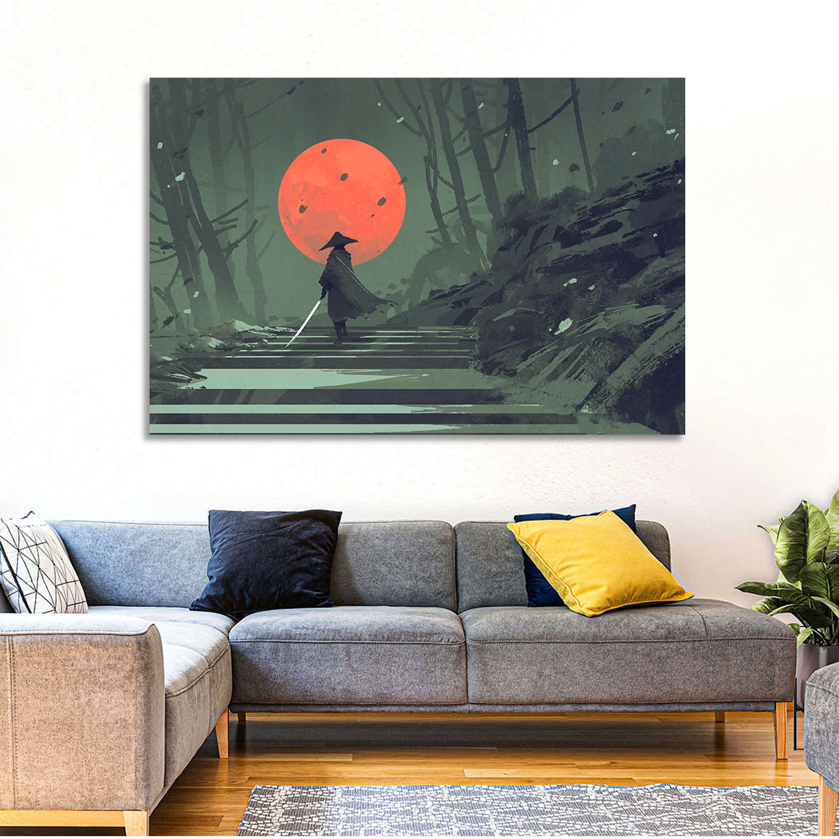 Samurai Under Red Moon Wall Art in a room, landscape