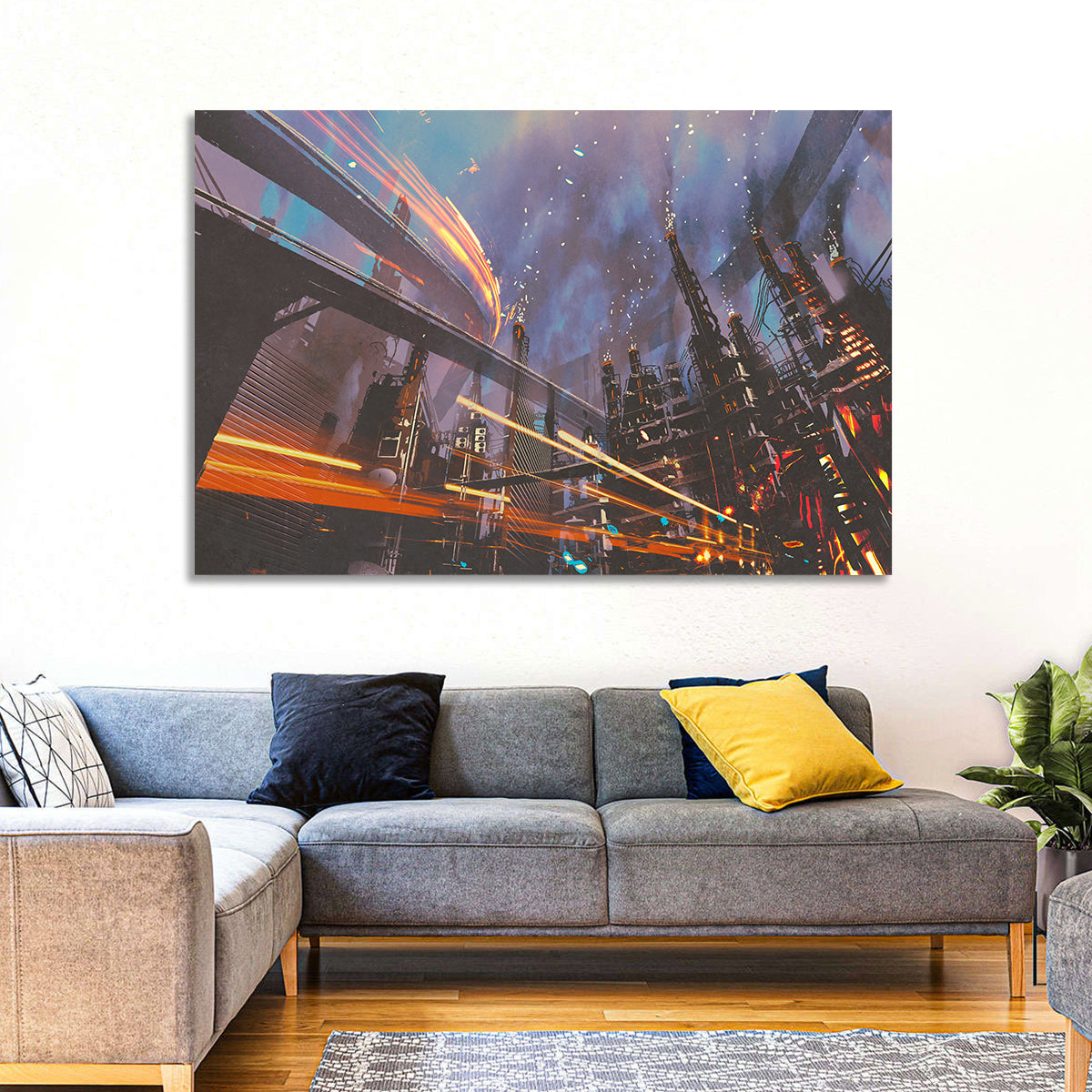 Futuristic Industrial Cityscape Wall Art in a room, landscape