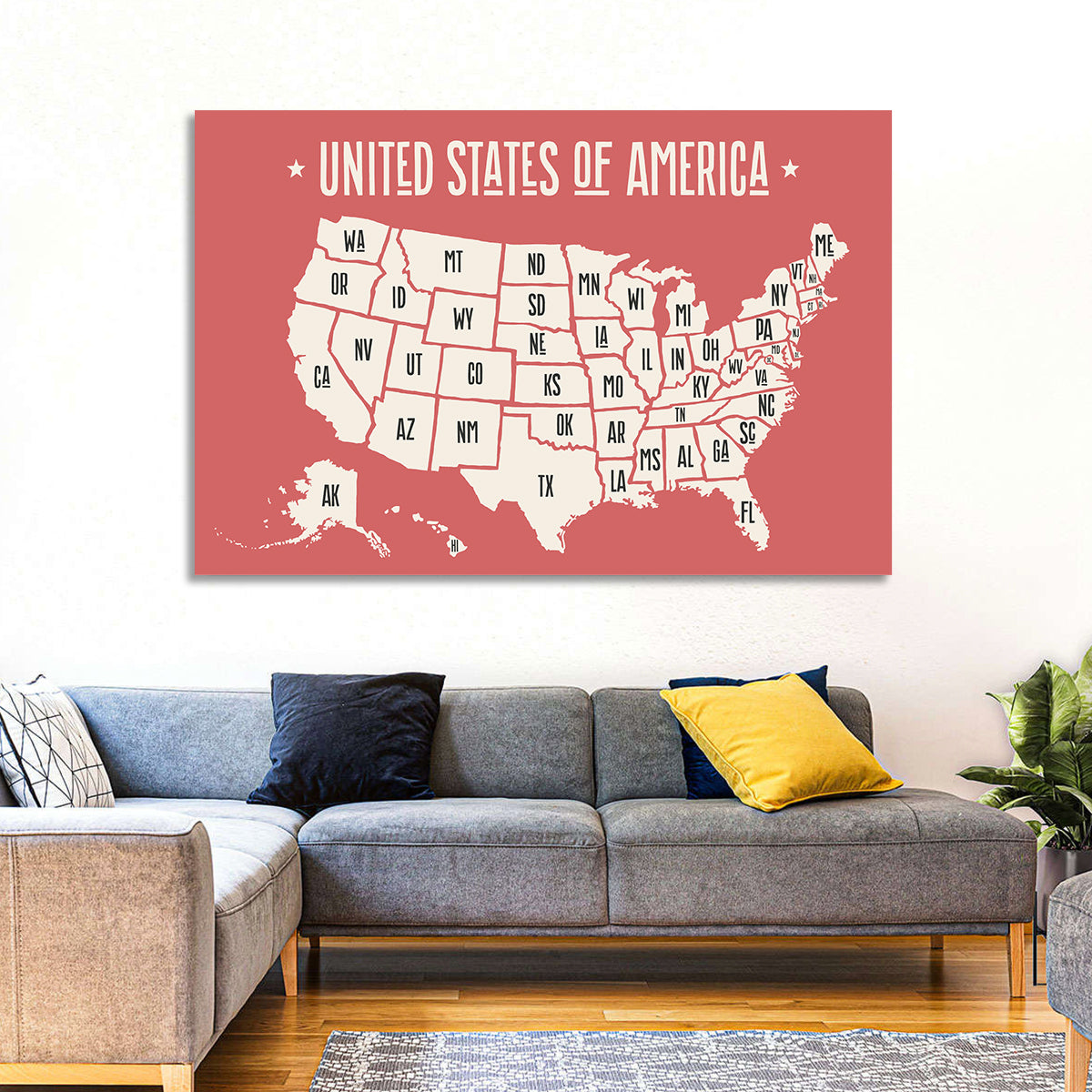 United States Map with State Abbreviations Wall Art in a room, landscape