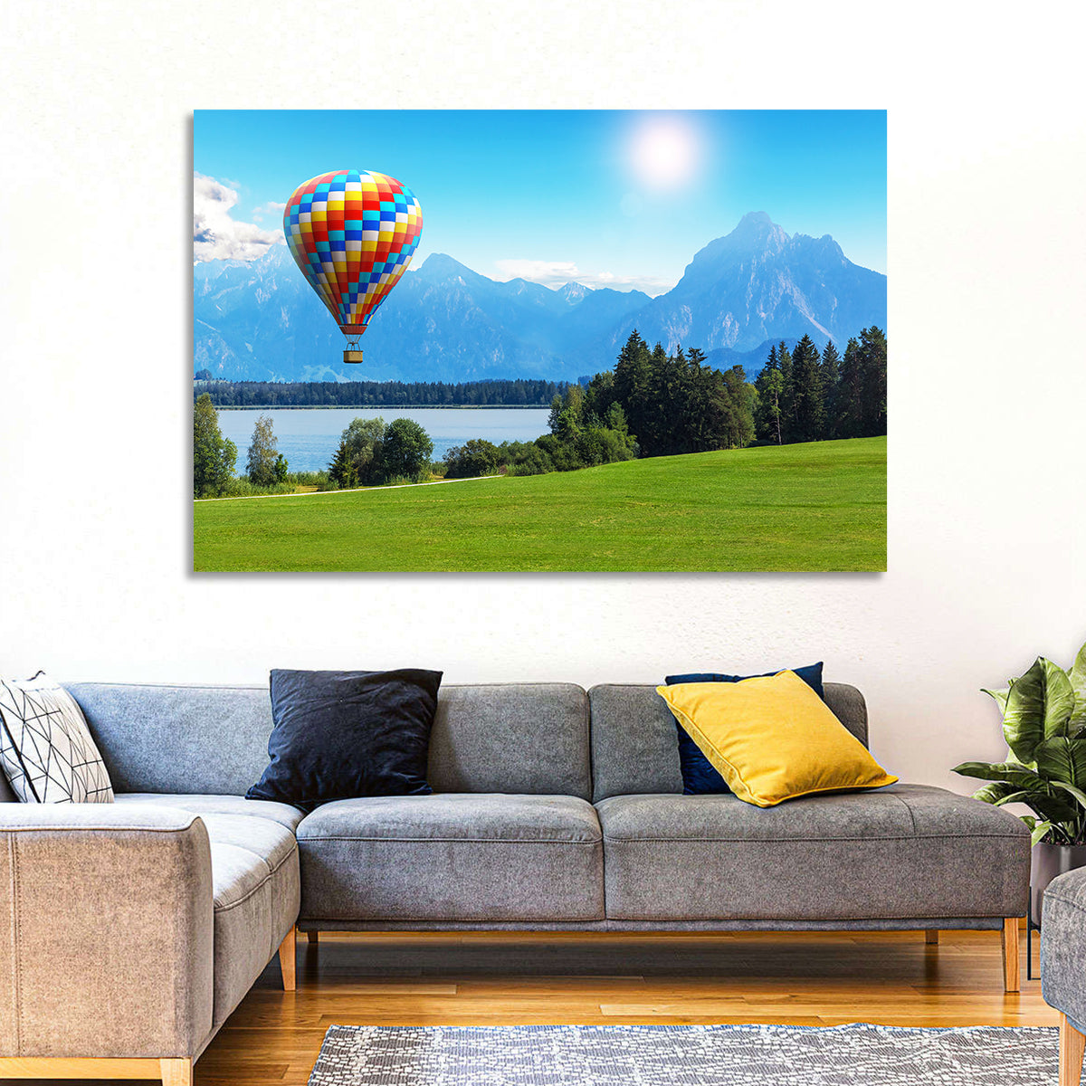 Bavarian Lake with Hot Air Balloon Wall Art in a room, landscape