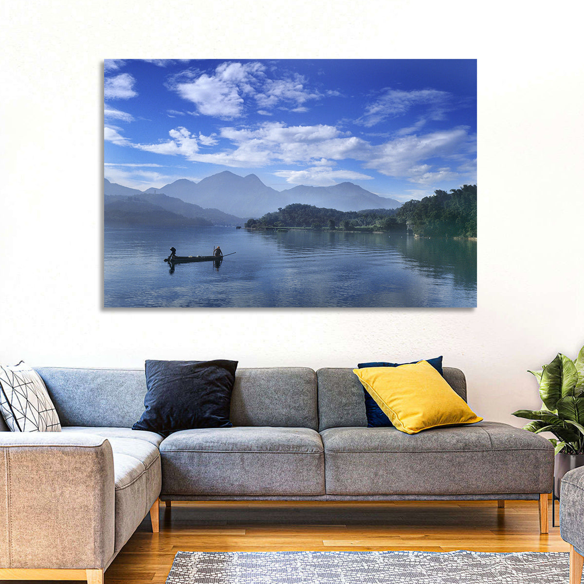Sun Moon Lake Morning Mist Wall Art in a room, landscape