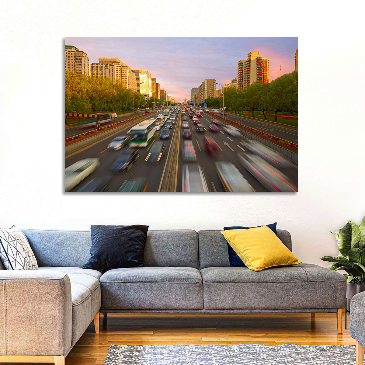 Beijing Sunset Traffic Streaks Wall Art in a room, landscape