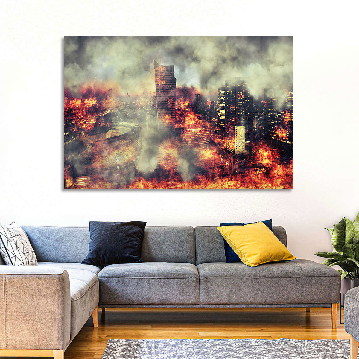Warsaw Spire Burning City Abstract Wall Art in a room, landscape