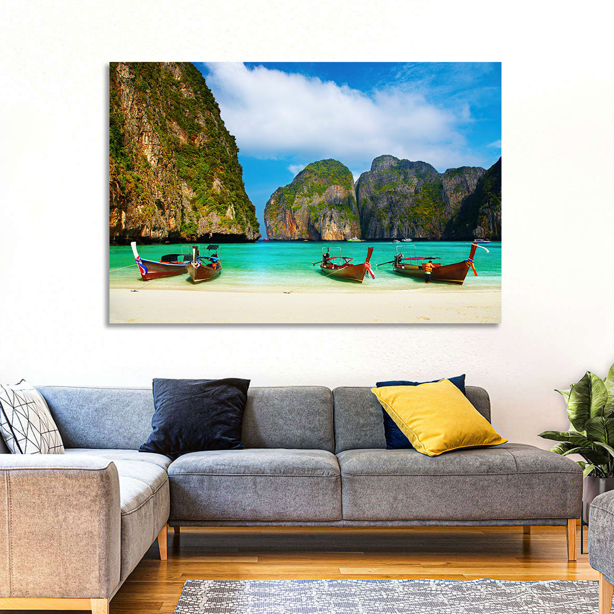 Maya Bay Long-tail Boats Wall Art in a room, landscape