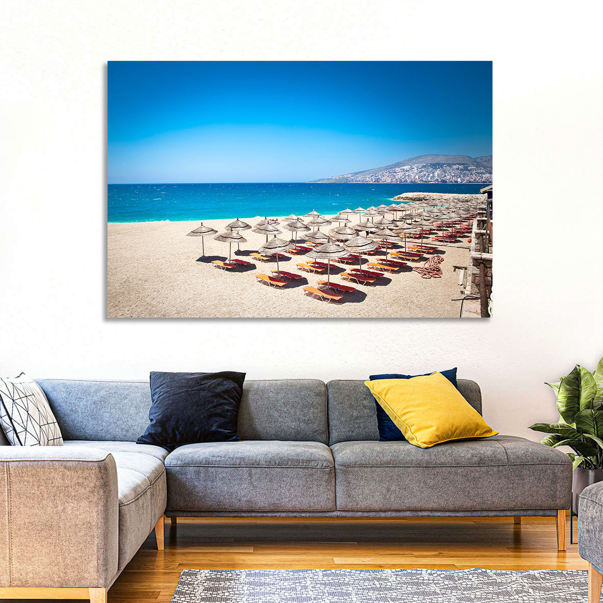 Mango Beach Umbrellas Wall Art in a room, landscape