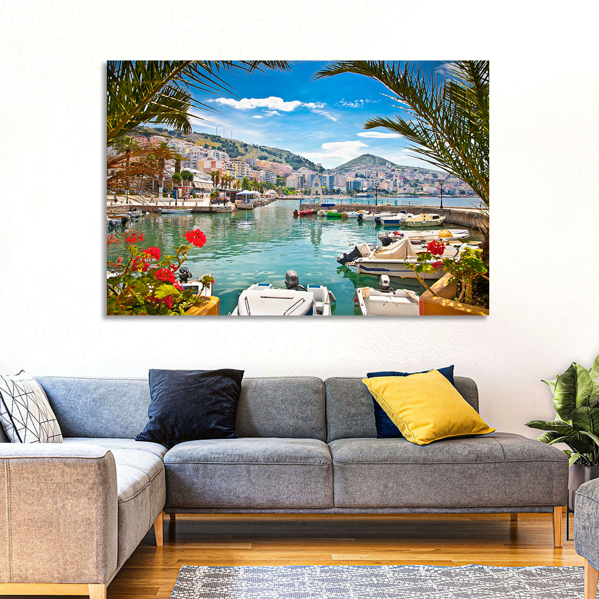 Saranda Harbor View Wall Art in a room, landscape