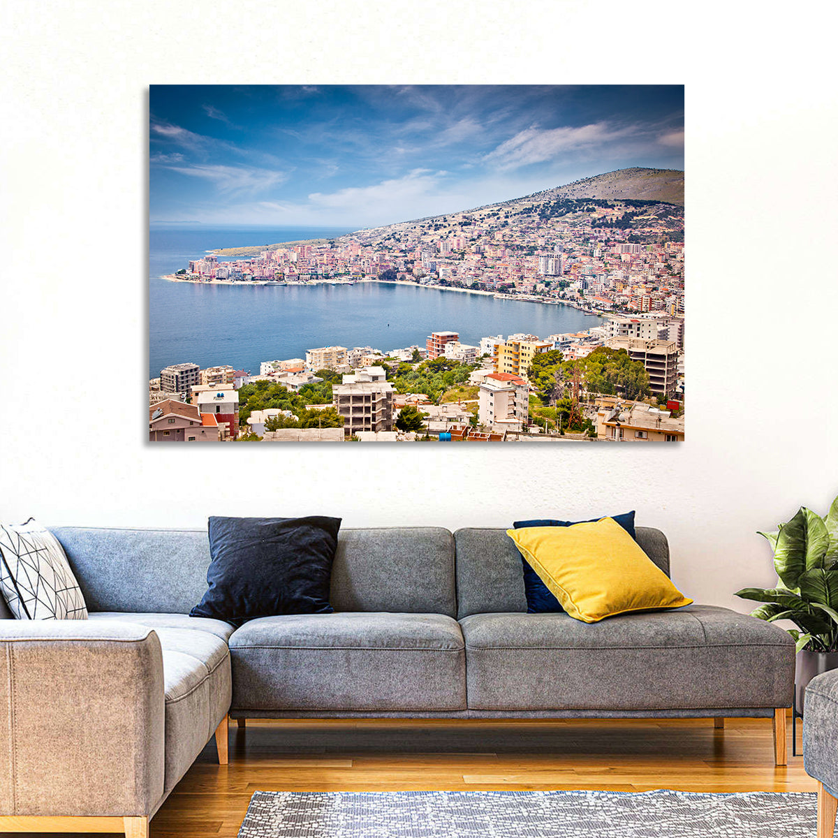 Saranda Bay Cityscape Wall Art in a room, landscape