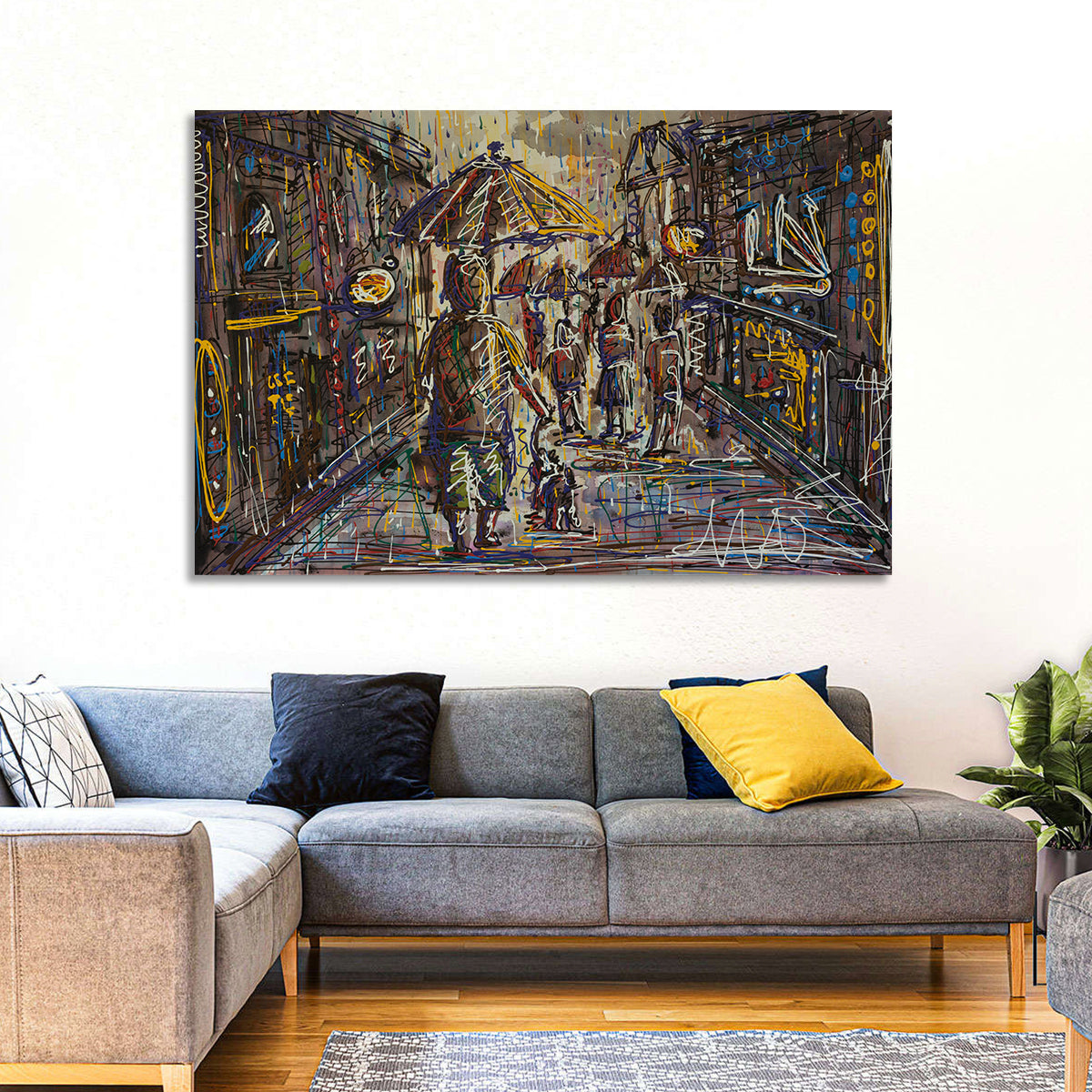 Rainy City Street Wall Art in a room, landscape