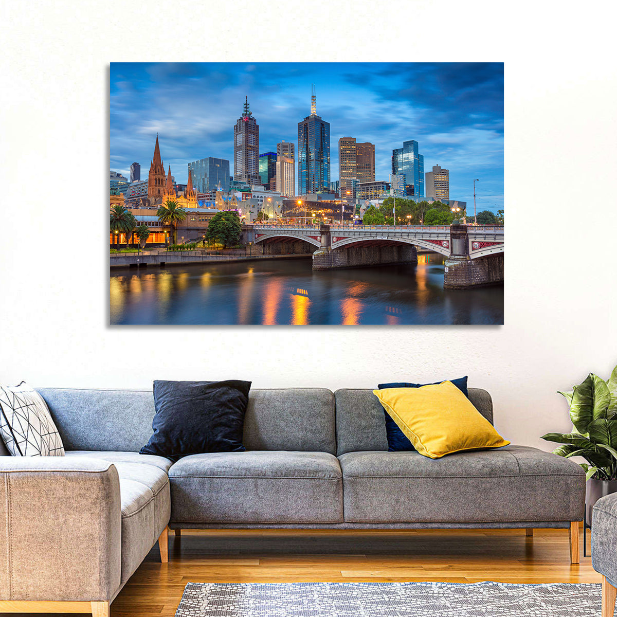 Melbourne Blue Hour Skyline Wall Art in a room, landscape