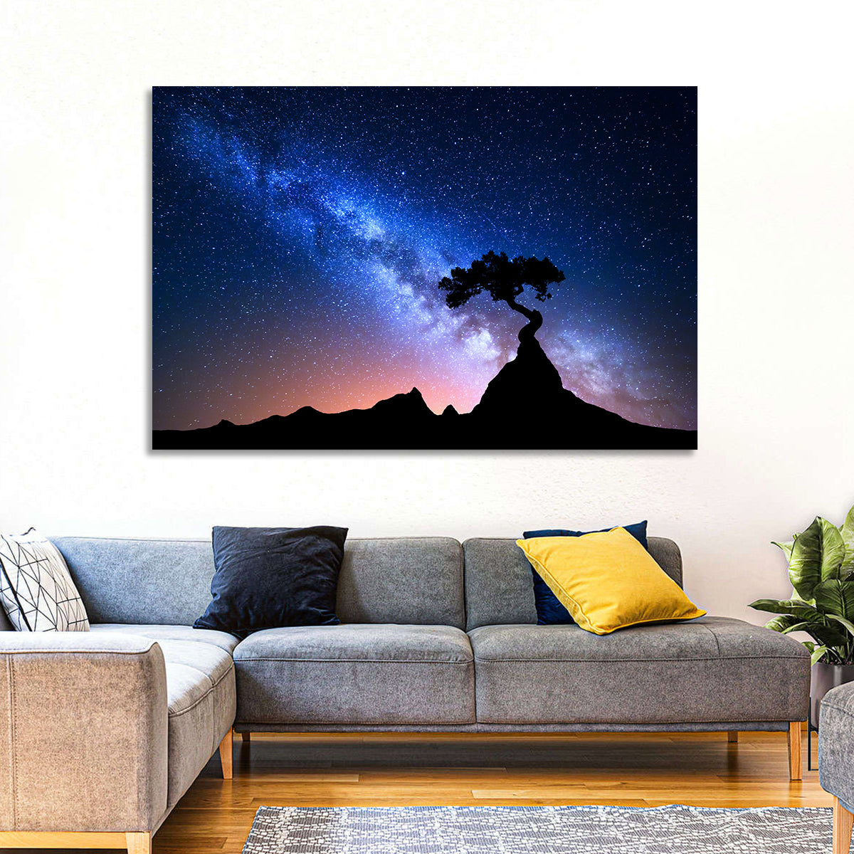 Milky Way Over Mountain Ridge Wall Art in a room, landscape