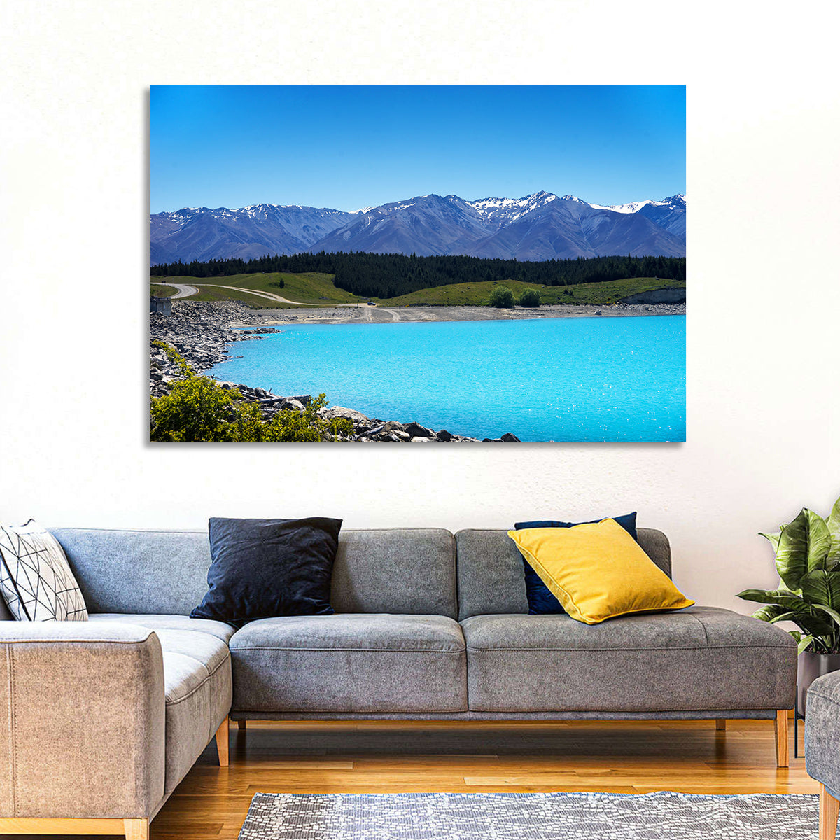 Lake Pukaki Turquoise View Wall Art in a room, landscape