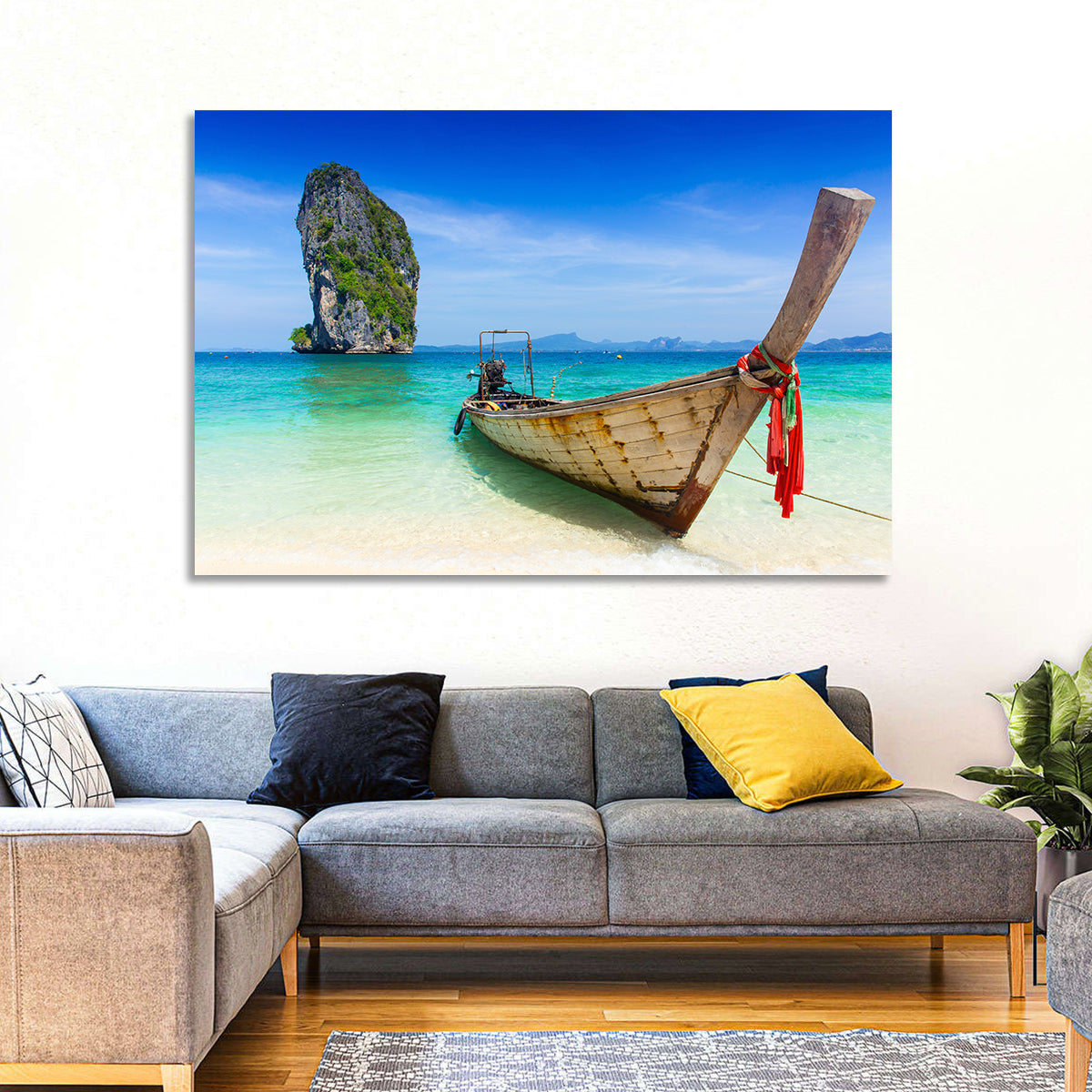 Krabi Longtail Boat Seascape Wall Art in a room, landscape