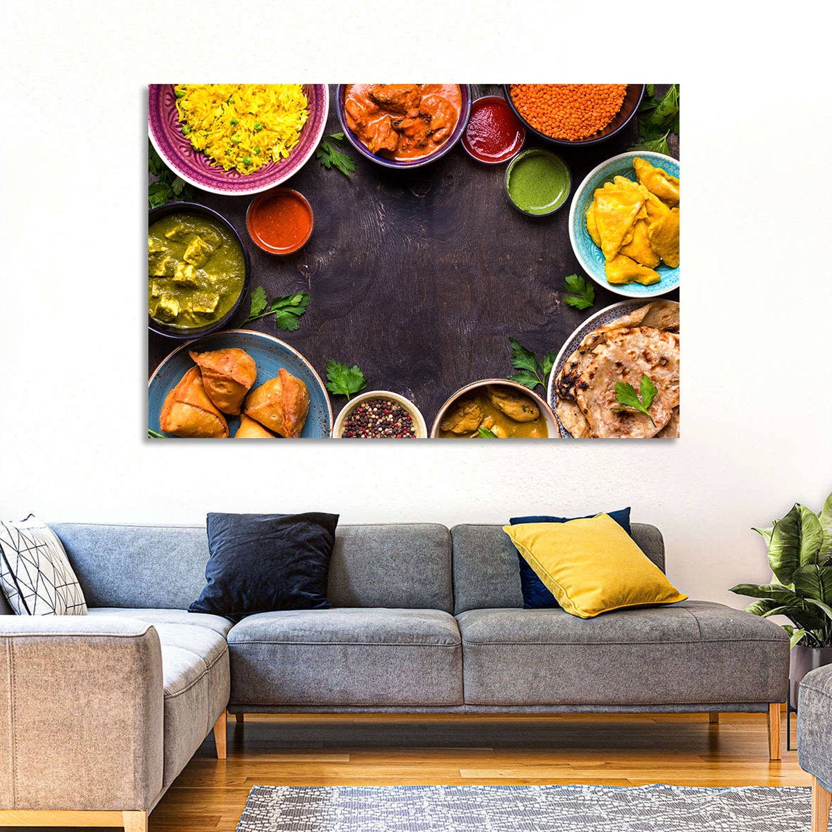 Indian Feast Flat-lay Wall Art in a room, landscape