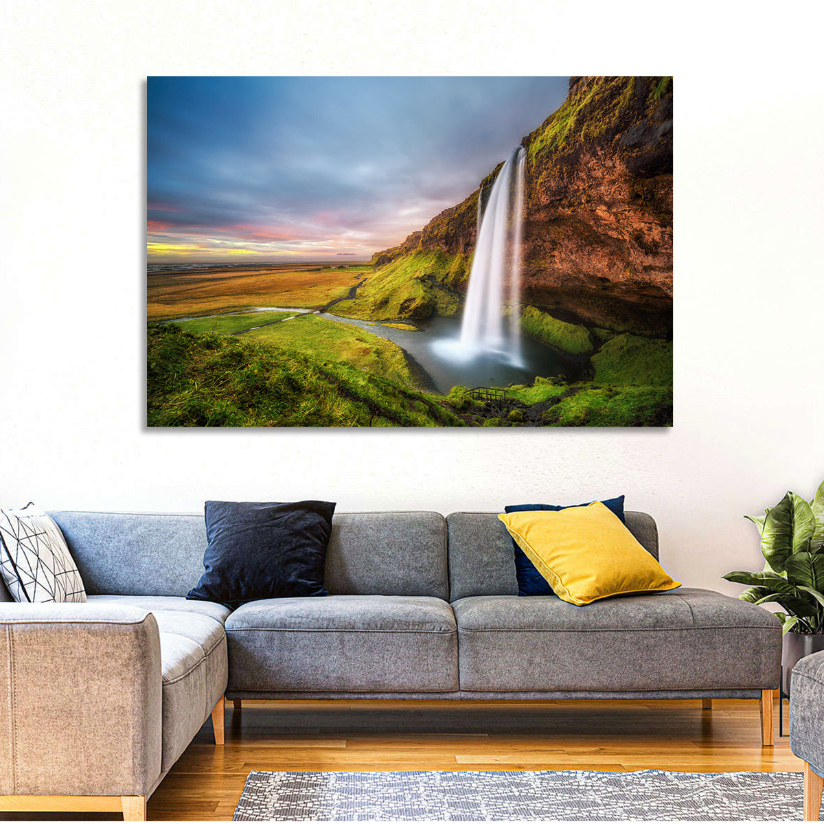 Seljalandsfoss Waterfall Wall Art in a room, landscape