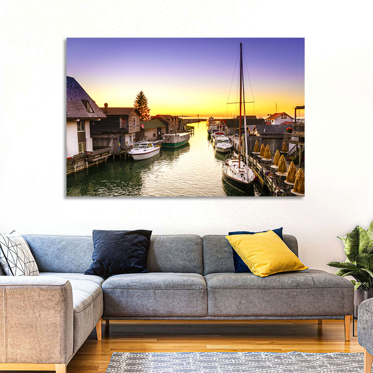 Leland Fishtown Sunset Wall Art in a room, landscape
