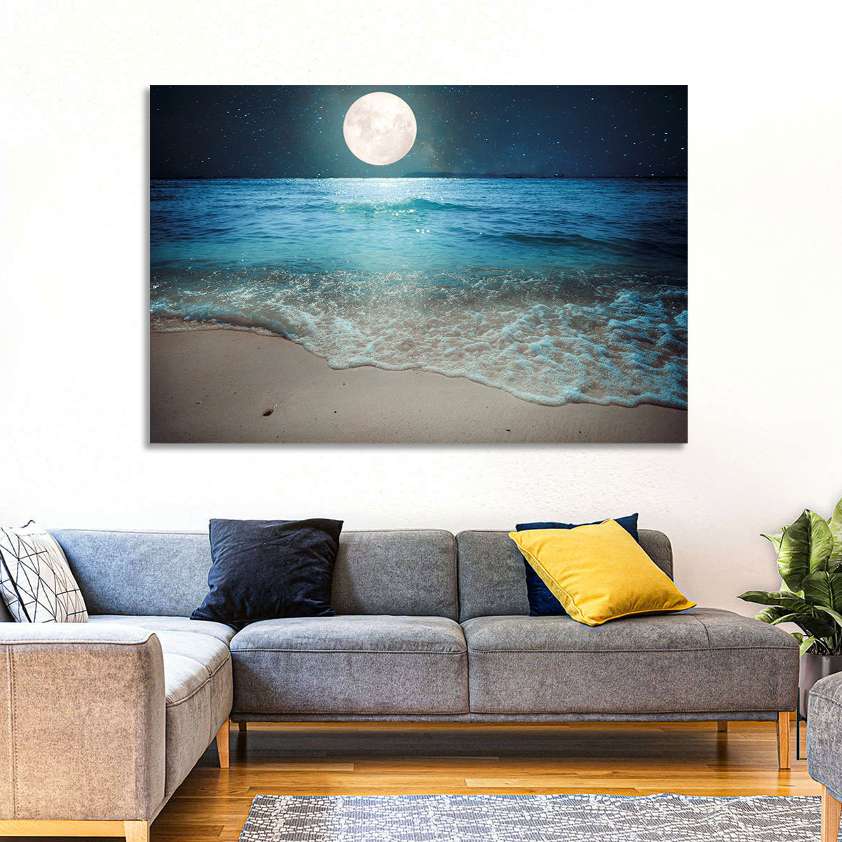 Full Moon Over Beach Wall Art in a room, landscape