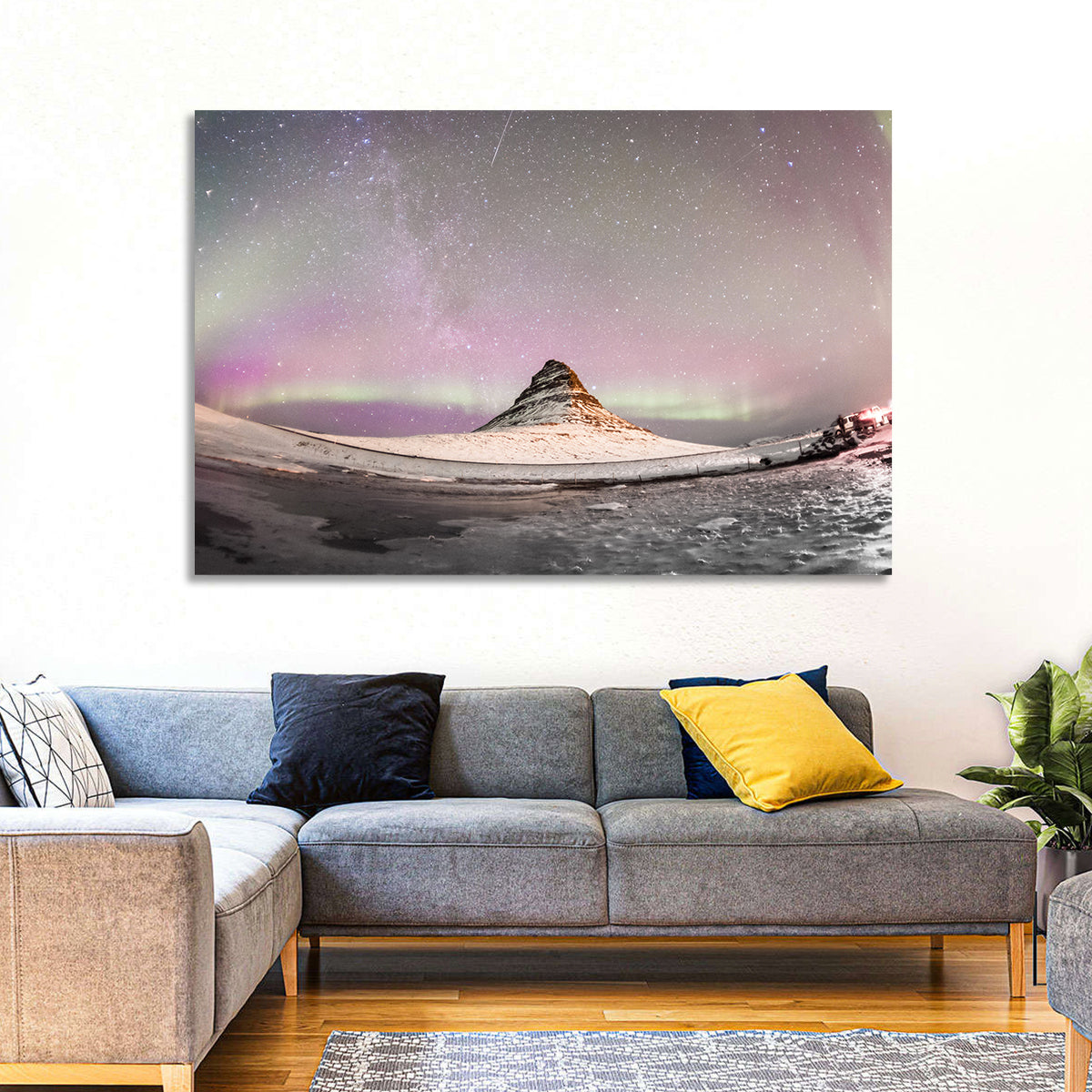 Aurora Over Kirkjufell Wall Art in a room, landscape