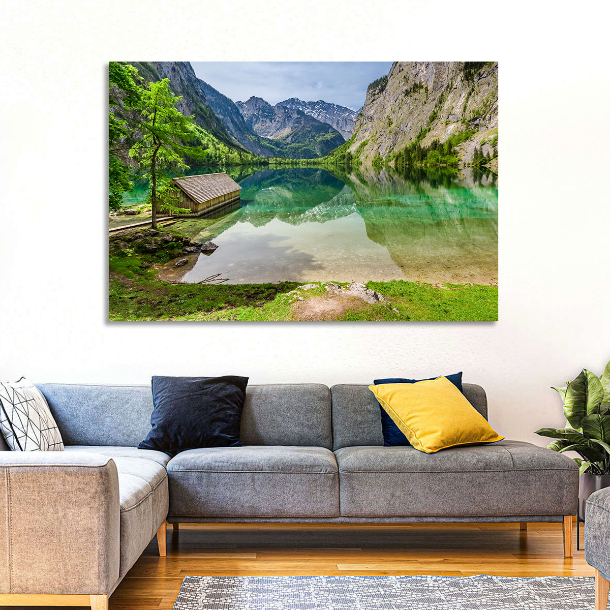 Obersee Boathouse Reflection Wall Art in a room, landscape