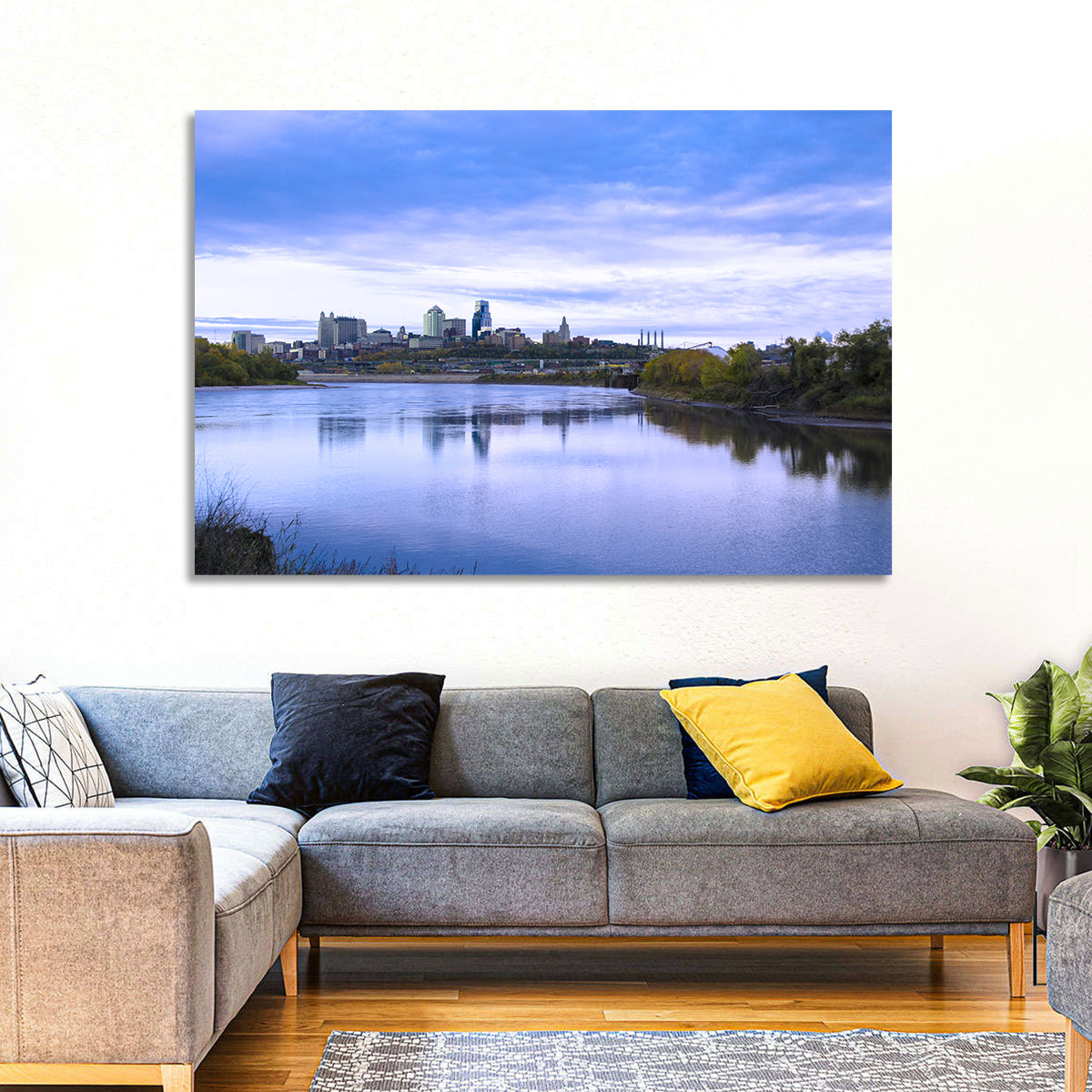 Kansas City Skyline at Dusk Wall Art in a room, landscape