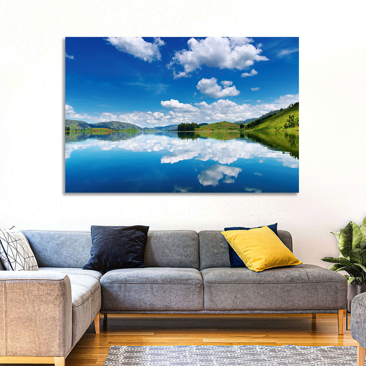 Bunyonyi Lake Reflection Wall Art in a room, landscape
