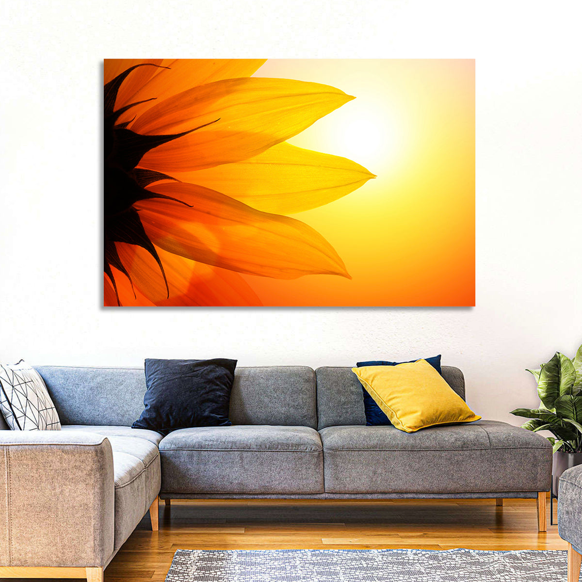 Backlit Sunflower Petals Wall Art in a room, landscape