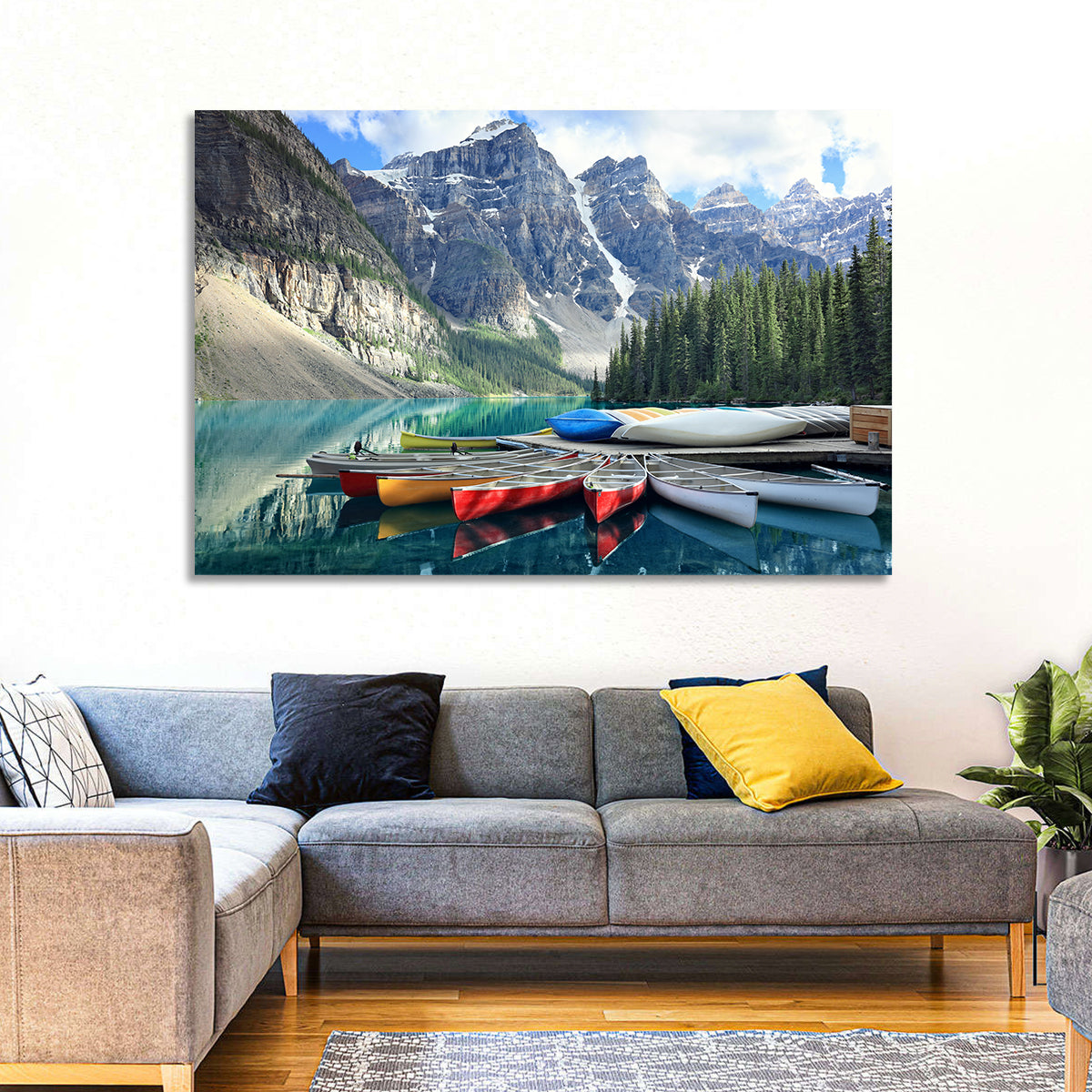 Moraine Lake Canoes at Lake Louise Wall Art in a room, landscape