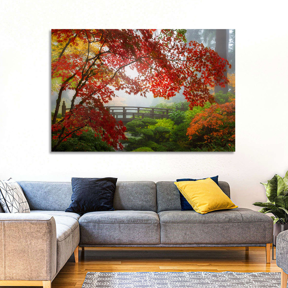 Portland Moon Bridge in Autumn Mist Wall Art in a room, landscape