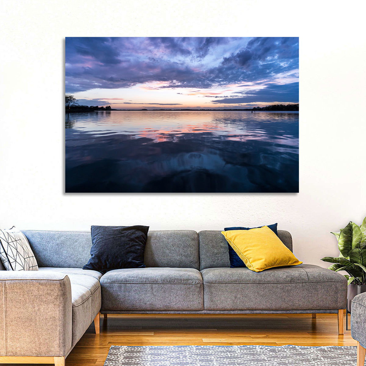 Lake Norman Sunset Reflection Wall Art in a room, landscape