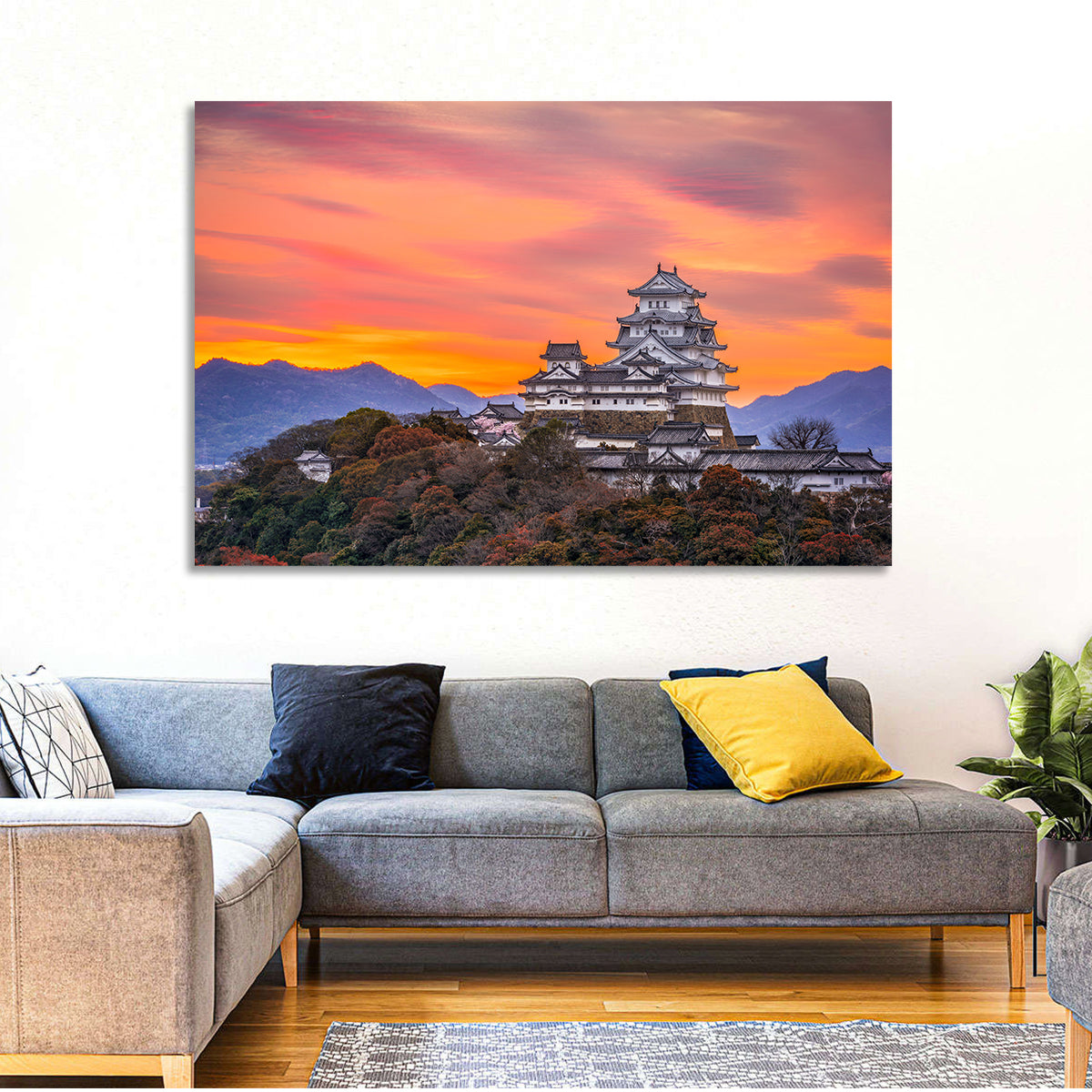 Himeji Castle at Sunrise Wall Art in a room, landscape