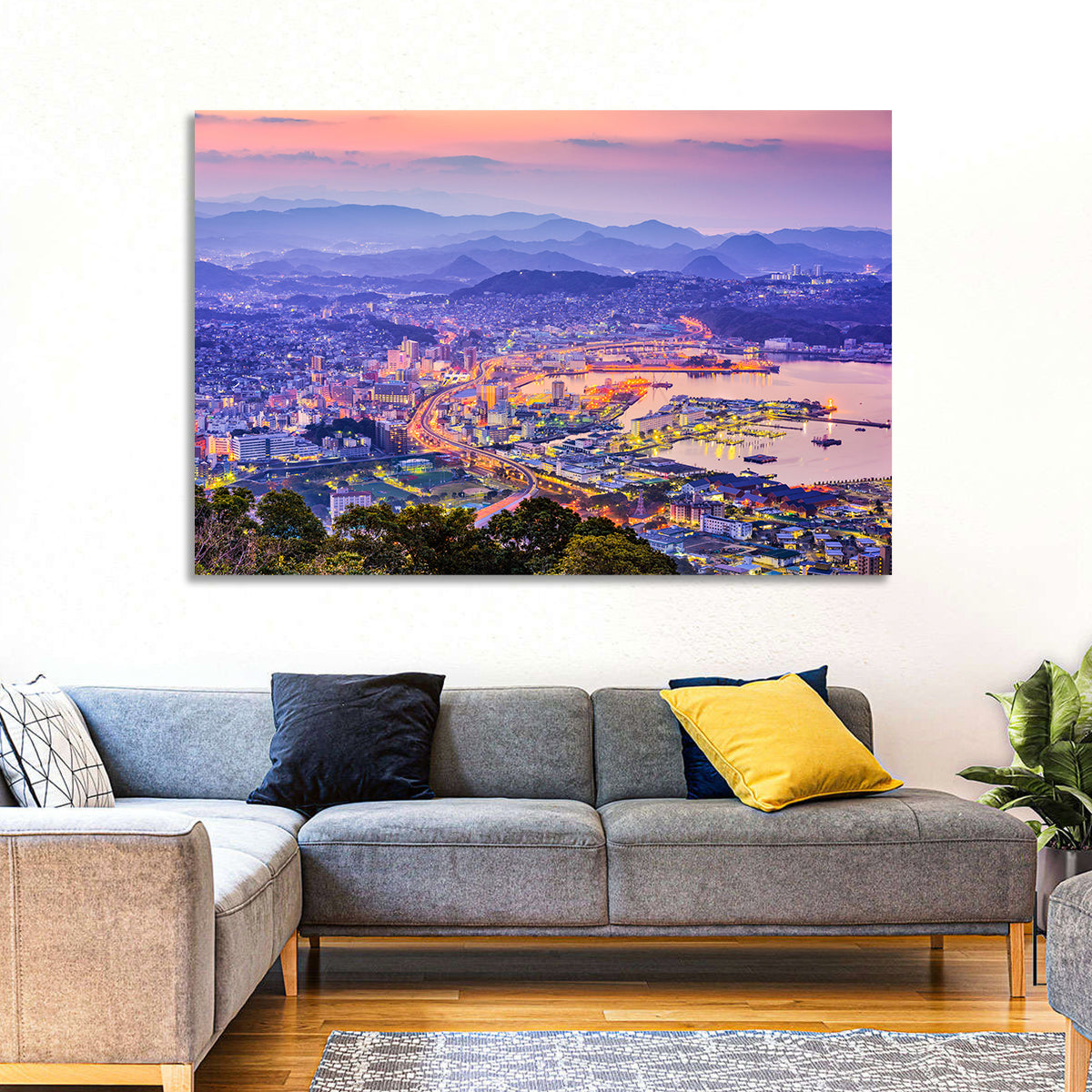 Sasebo Downtown Twilight Harbor Wall Art in a room, landscape