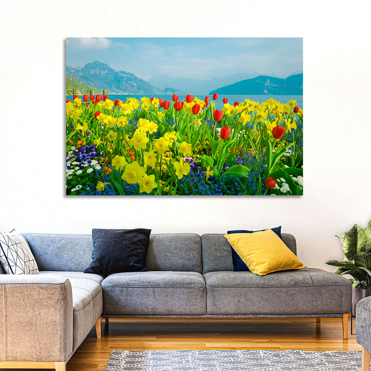 Lake Lucerne Daffodils Wall Art in a room, landscape
